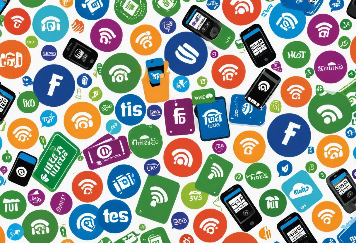 A vibrant collage showcasing affordable wireless options, centered around a TracFone logo. Depict various essential smartphones with price tags, alongside happy users enjoying wireless services in diverse settings like parks and cafes. Illustrate symbols of savings like dollar signs and coupons woven into the design. Emphasize a bright and inviting color palette. vector art. vibrant colors. white background.