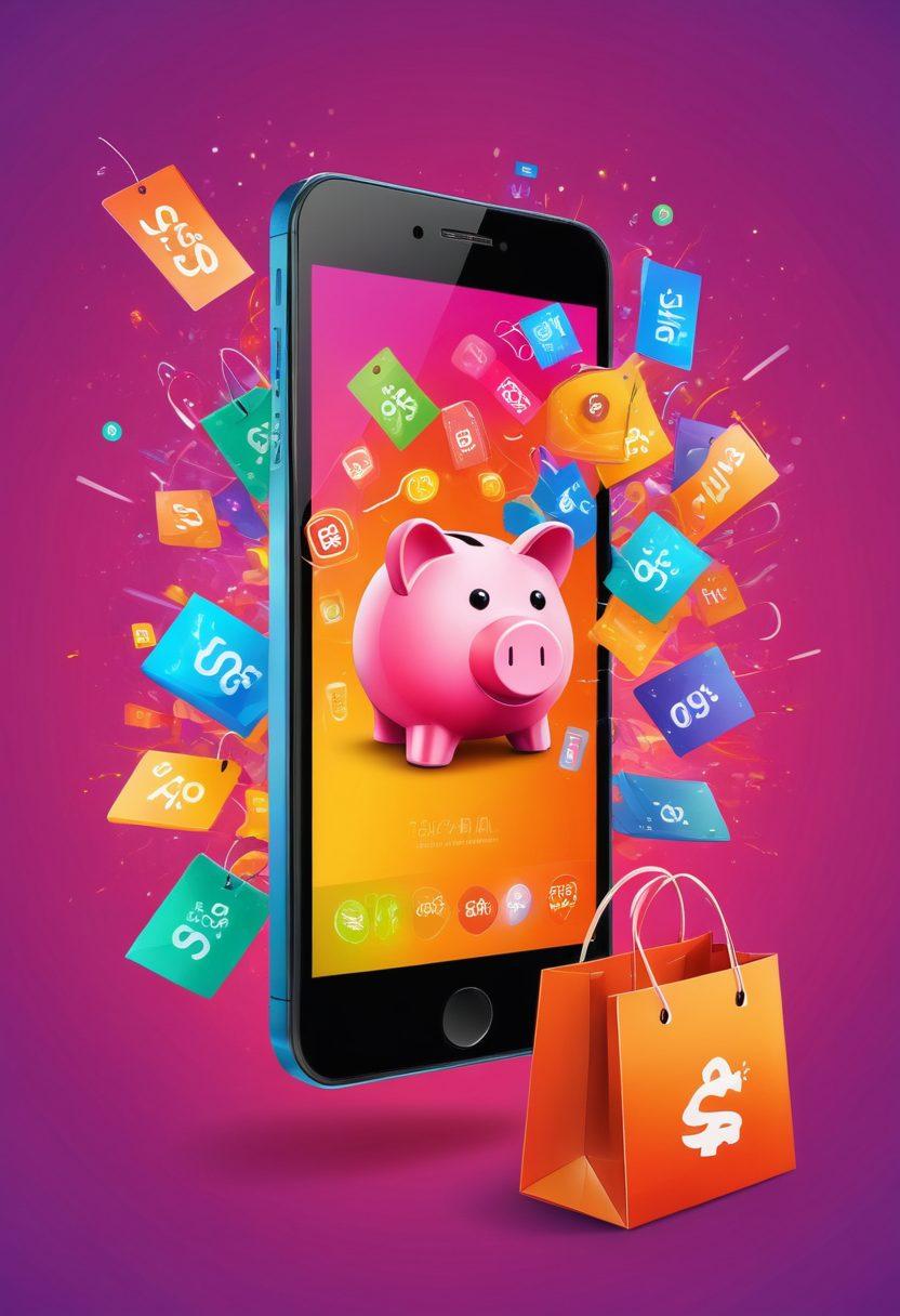 A dynamic smartphone displaying a variety of exclusive discounts and offers, with vibrant price tags floating around it. Show a hand reaching out to interact with these offers, symbolizing savings and engagement. Include elements like a piggy bank and shopping bags in the background to enhance the theme of savings. Bright, engaging colors to attract attention and create excitement. vector art. vibrant colors.
