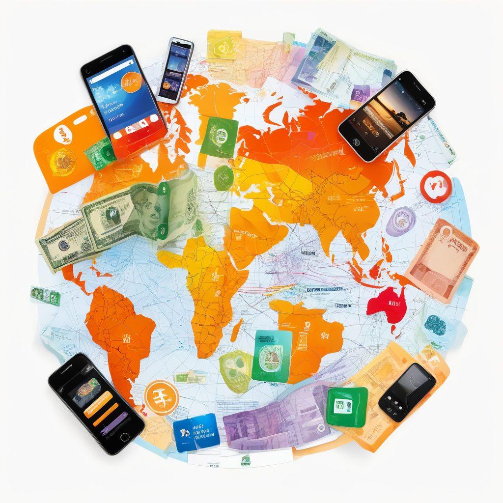 A modern and vibrant collage featuring a smartphone displaying various TracFone prepaid plans, surrounded by currency symbols and maps to represent affordability and global access. Include people of diverse backgrounds happily using their phones in different locations, like a park or a café. Bright colors and dynamic lines to convey movement and choice. vector art. vibrant colors. white background.
